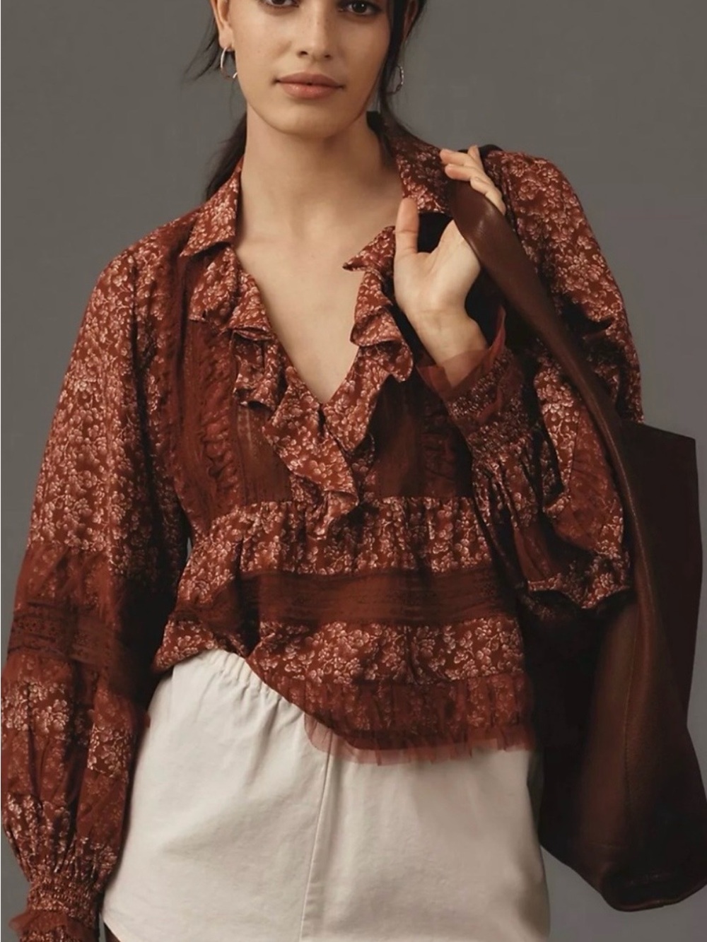 Anthropologie Rust Brown Floral Ruffled V-Neck Blouse